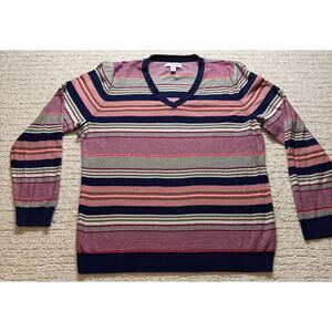 Kim Rogers Striped V-Neck Sweater XL Long Sleeve Multi Color 100% Cotton
